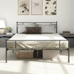 Black king size metal bed frame with tall headboard, footboard and underbed storage space