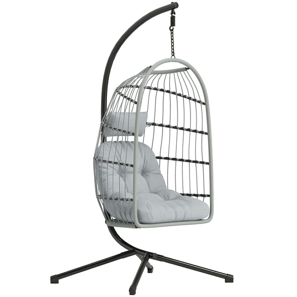 Outsunny Hanging Egg Chair, Indoor Outdoor Hammock Swing Chair with Stand, Safety Strap, Foldable Basket, Light Grey