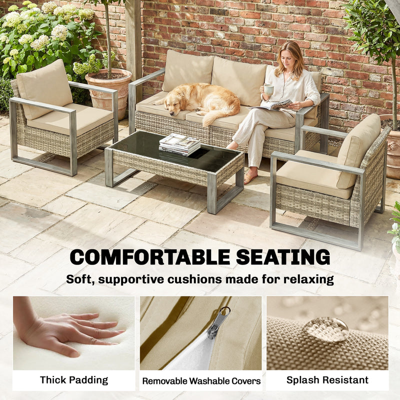 Outsunny 4 Piece Rattan Garden Furniture Set with 3-Seater Sofa, Armchairs, Table, Aluminium Frame Patio Conversation – view 7