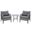 Grey 3-piece rattan bistro set with two cushioned armchairs and glass-top coffee table