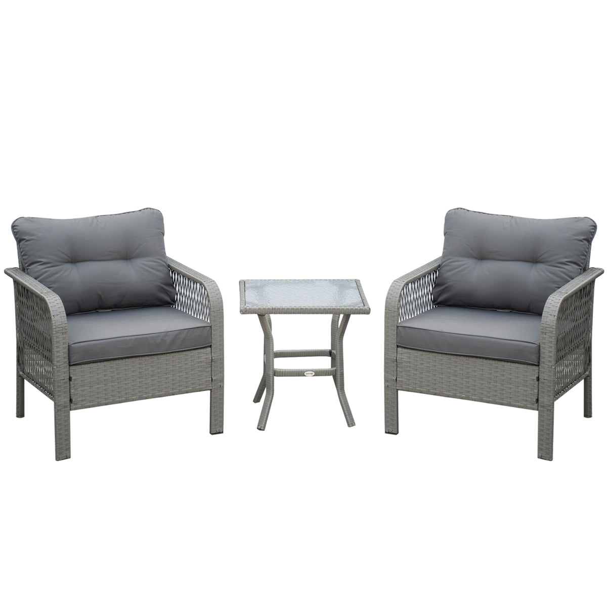 Grey 3-piece rattan bistro set with two cushioned armchairs and glass-top coffee table