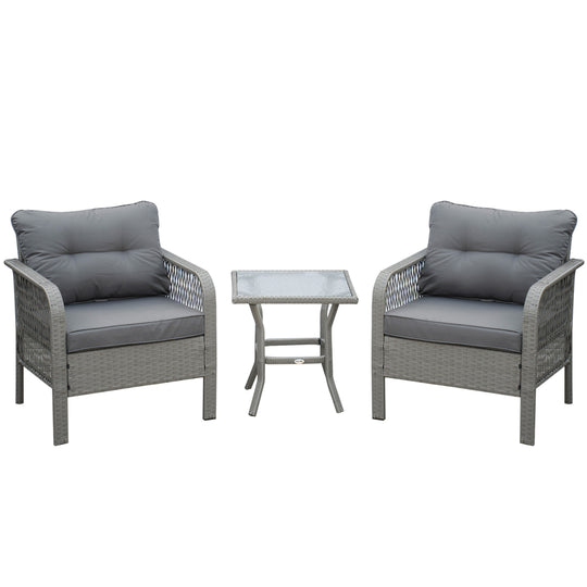 Grey 3-piece rattan bistro set with two cushioned armchairs and glass-top coffee table