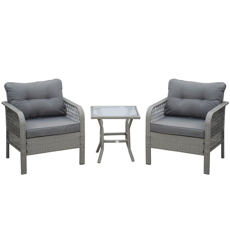 Grey 3-piece rattan bistro set with two cushioned armchairs and glass-top coffee table