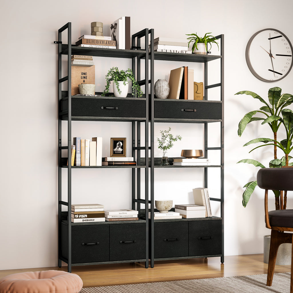 Industrial Style Bookcase, with 4 Shelves and 3 Fabric Drawers - Grey/Black