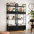 Industrial Style Bookcase, with 4 Shelves and 3 Fabric Drawers - Grey/Black