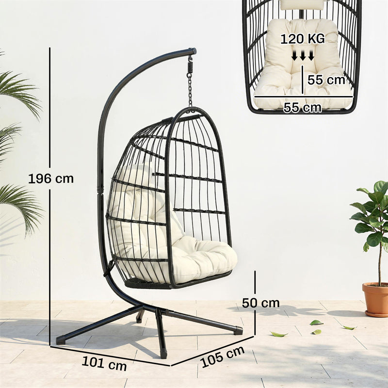 Outsunny Hanging Egg Chair, Indoor Outdoor Hammock Swing Chair with Stand, Safety Strap, Foldable Basket, Black/Cream – view 3