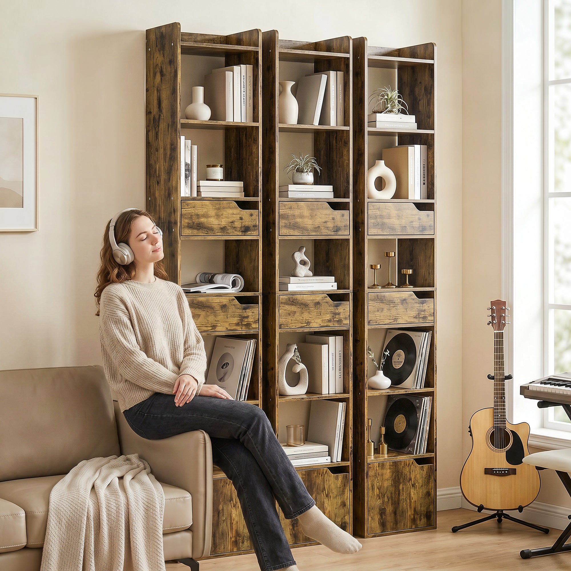 Bookcase Tall Narrow with 5 Tiers and Drawers Freestanding Bookshelf Storage Cabinet for Living Room Rustic Brown