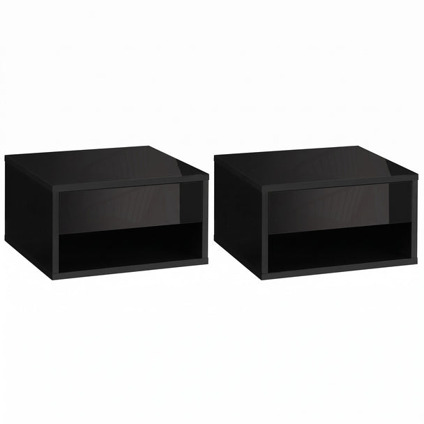 Two compact high gloss black floating bedside tables with drawer and shelf