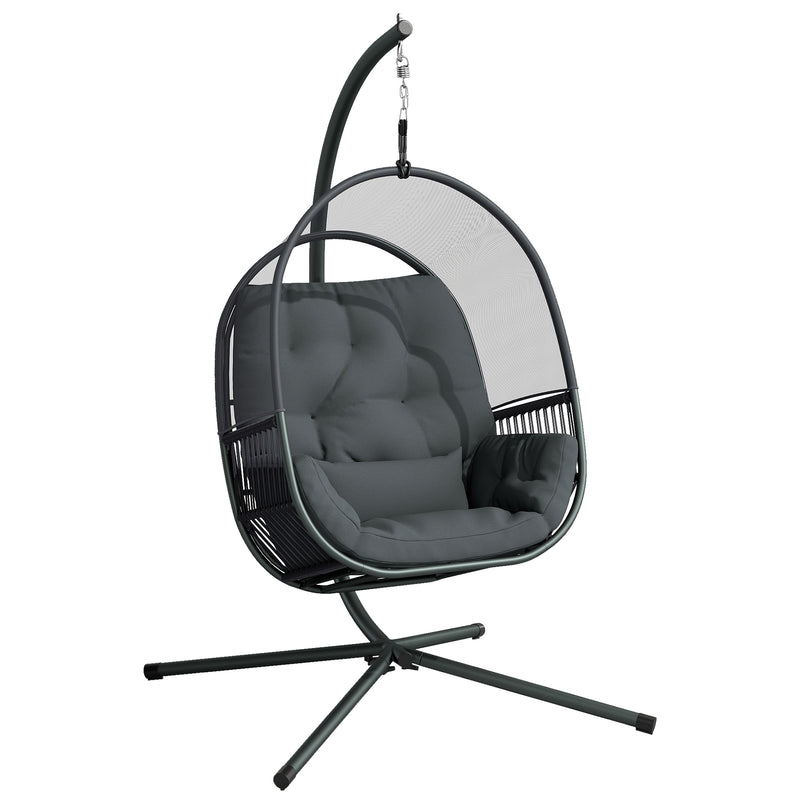 Dark grey mesh hanging egg chair with X-leg steel stand, seat and back cushions and lumbar pillow