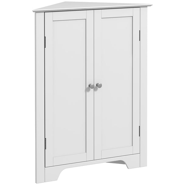 White triangle corner bathroom floor cabinet with recessed door