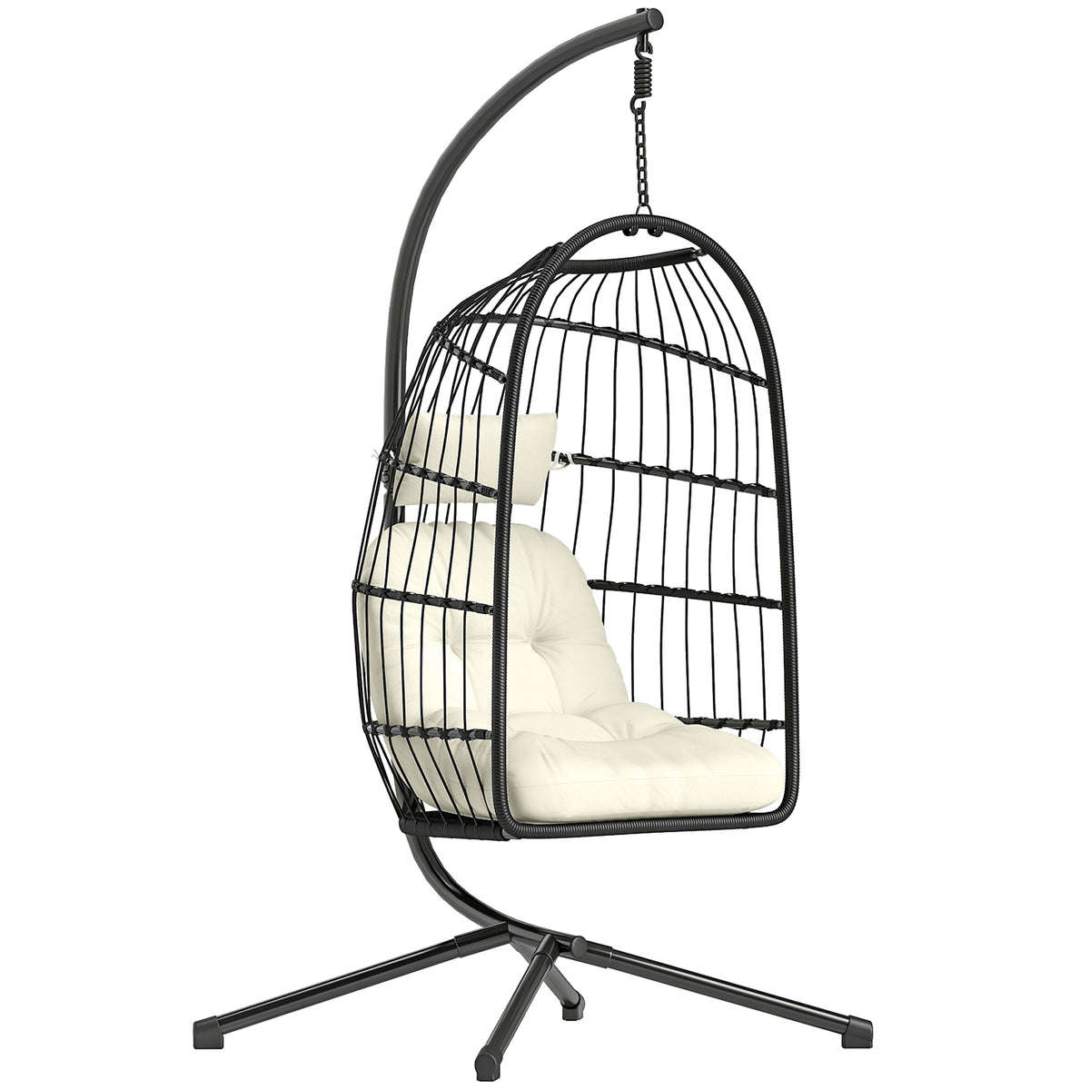 Outsunny Hanging Egg Chair, Indoor Outdoor Hammock Swing Chair with Stand, Safety Strap, Foldable Basket, Black/Cream