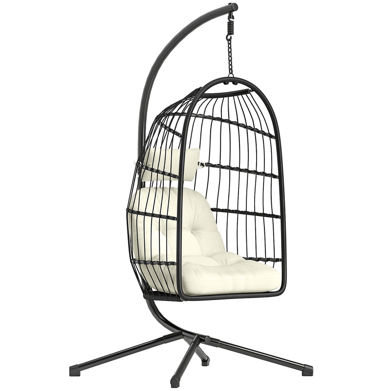 Outsunny Hanging Egg Chair, Indoor Outdoor Hammock Swing Chair with Stand, Safety Strap, Foldable Basket, Black/Cream
