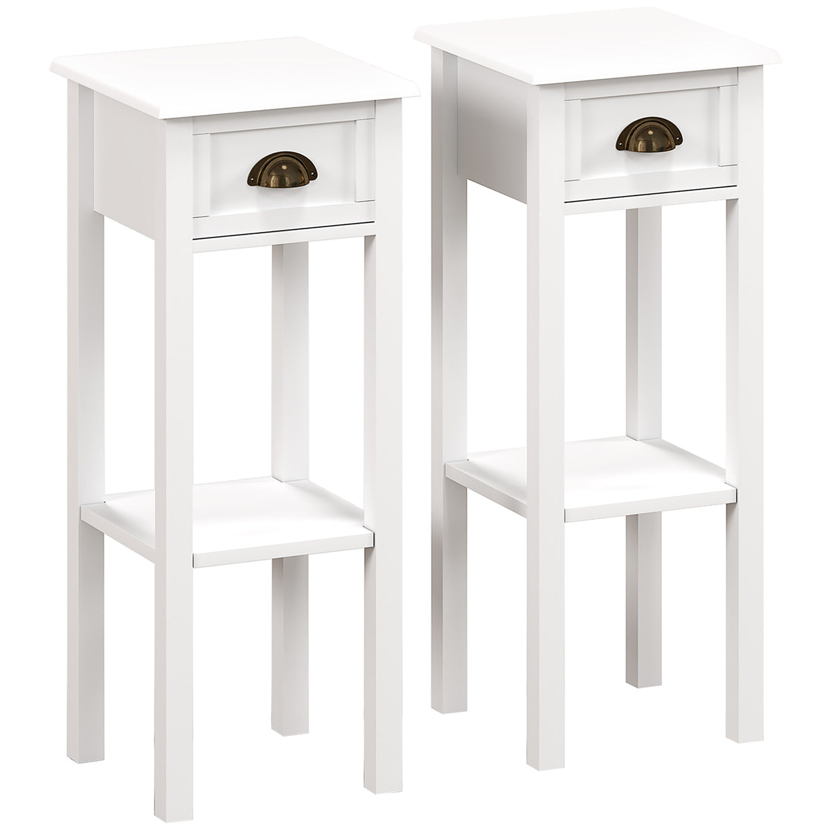 Set of 2 Narrow Bedside Tables with Drawer & Shelf – White