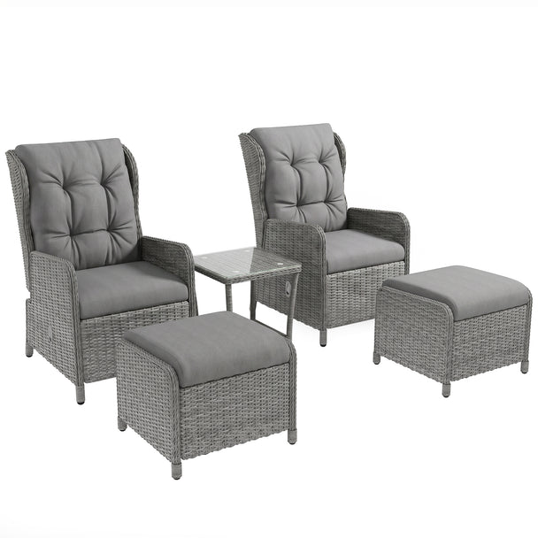 Light grey rattan bistro set with two reclining armchairs, two footstools and glass-top side table