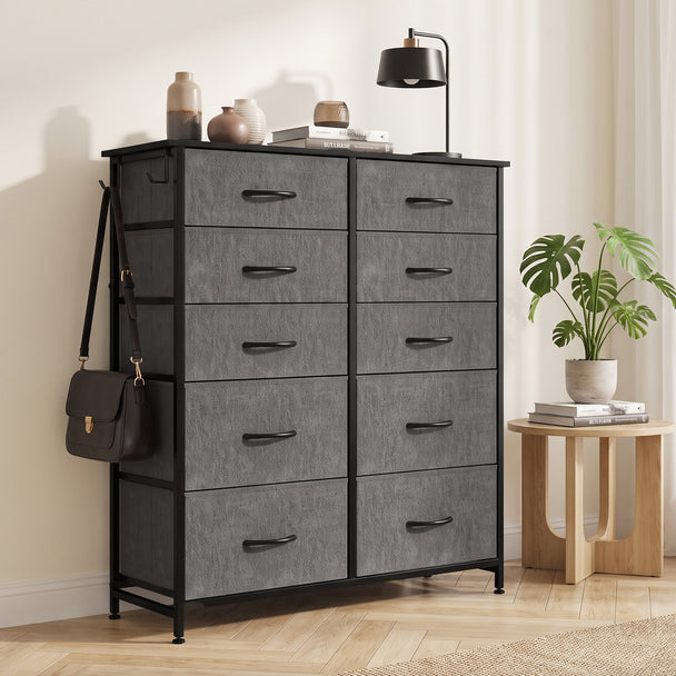 HOMCOM Chest of Drawers, Dresser with 10 Fabric Drawers, Tall Storage Unit with 4 Pockets and 2 Hooks Steel Frame, Grey – view 2