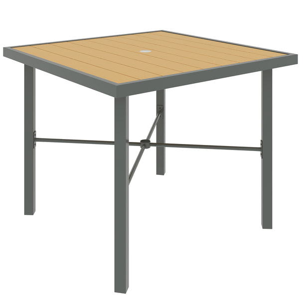 90 cm square steel garden table with natural wood-effect slatted top, grey frame and parasol hole