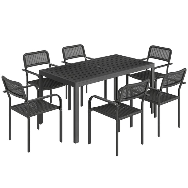 Outsunny Garden Dining Set for 6, Faux Wood Metal Outdoor Table and Stackable Chairs with Plastic Rattan Effect Seat
