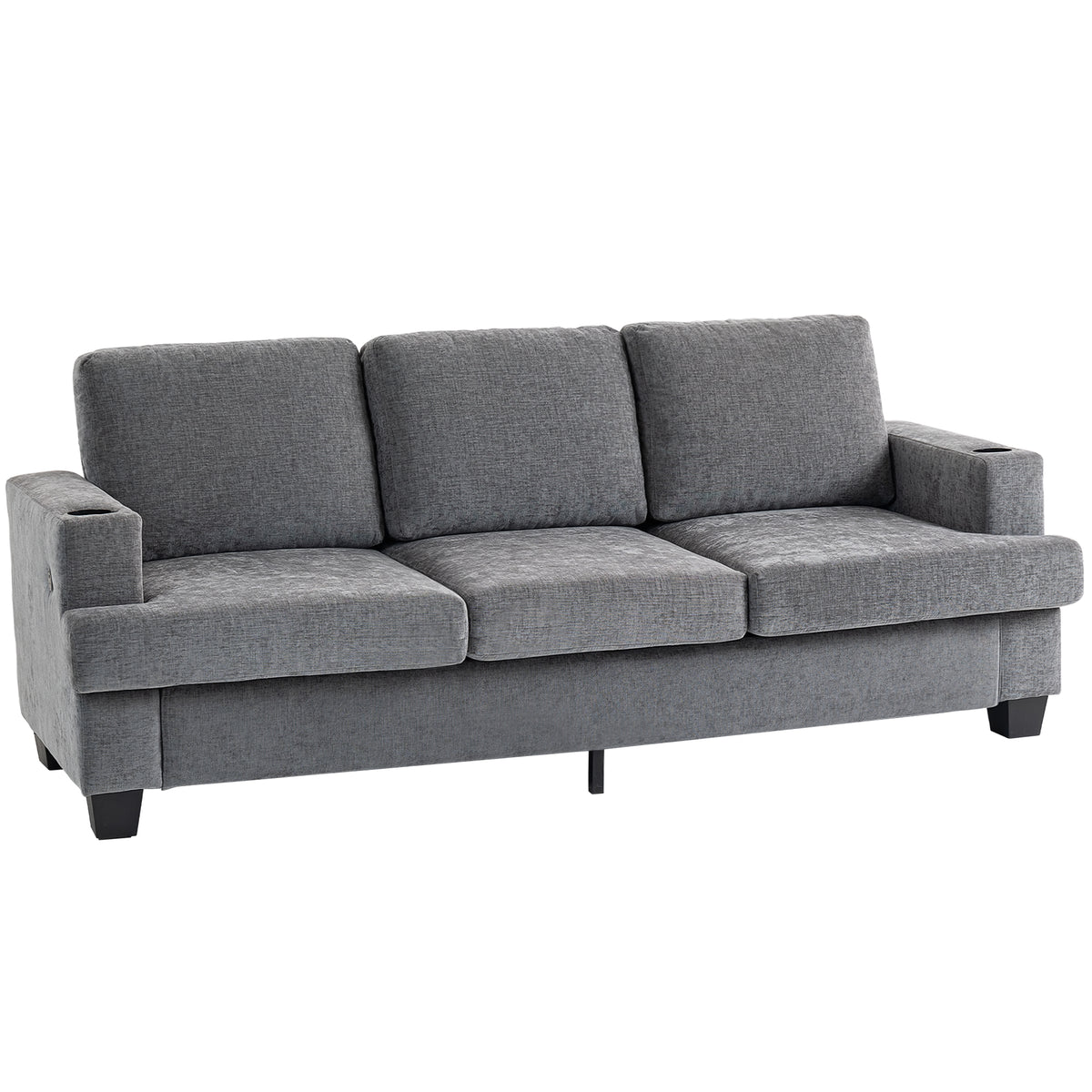 213 cm Chenille 3-Seater Sofa with USB Ports & Cup Holders – Grey