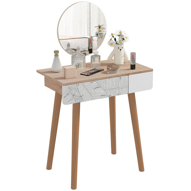 Oak and white dressing table with height-adjustable round mirror and wide drawer