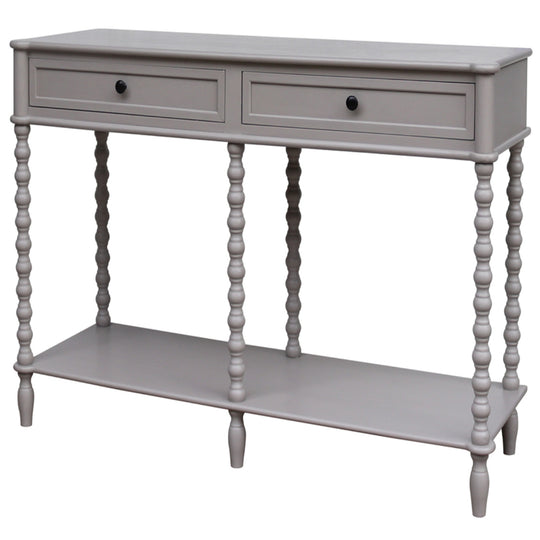 Camden grey two-drawer console table, front view