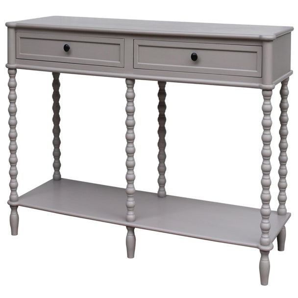 Camden grey two-drawer console table, front view