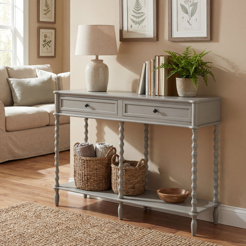 Camden console with baskets and a lamp in a living room