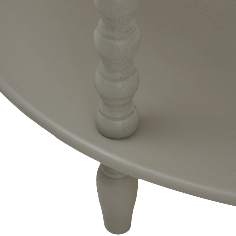 Close-up of a bobbin-turned leg and shelf edge