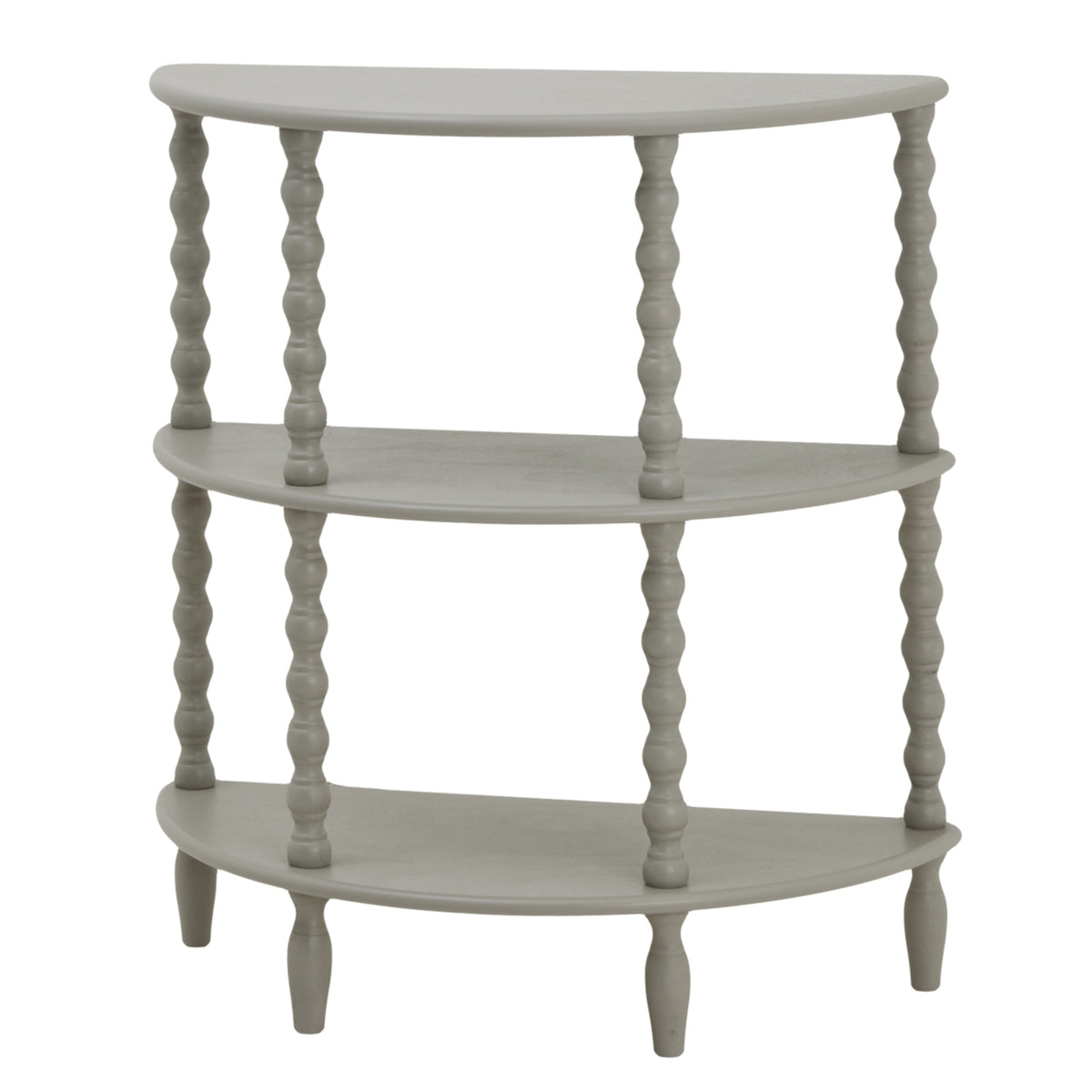 Camden grey half moon three-tier table, front view