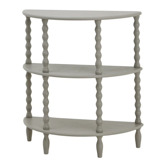 Camden grey half moon three-tier table, front view