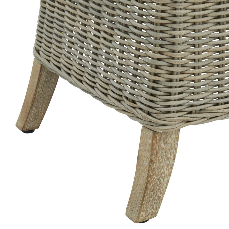 close-up of the acacia feet and wicker weave