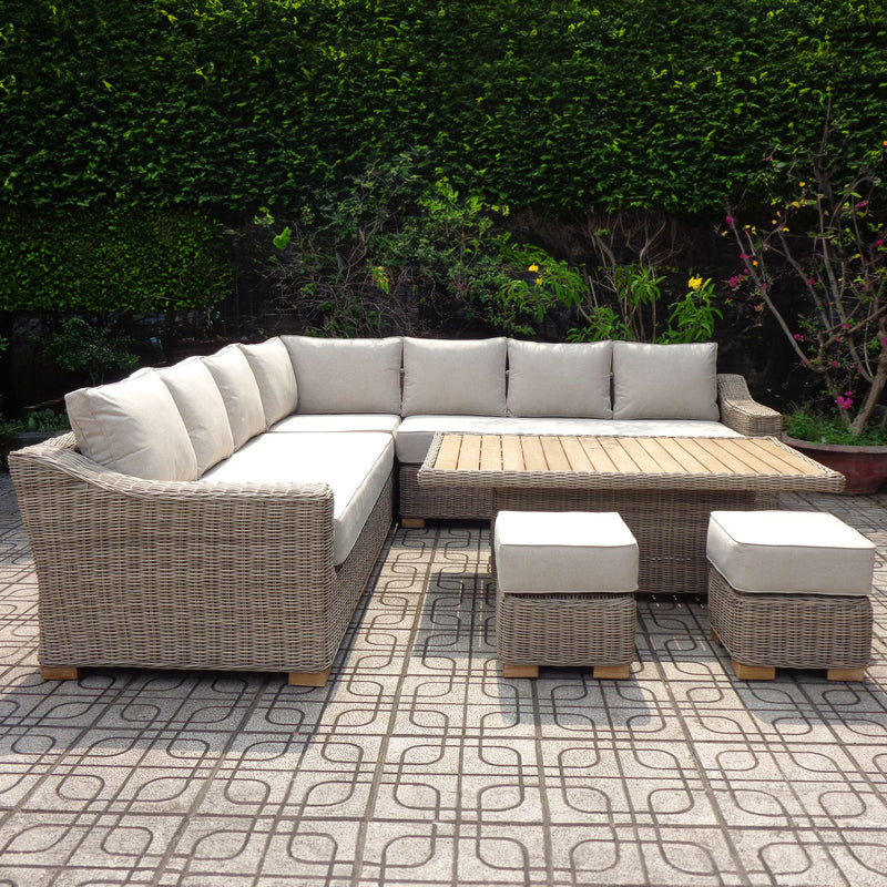 Capri corner sofa set with riser table and stools on a patterned terrace