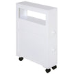 Narrow white rolling bathroom storage unit with two drawers, open top shelf and castor wheels