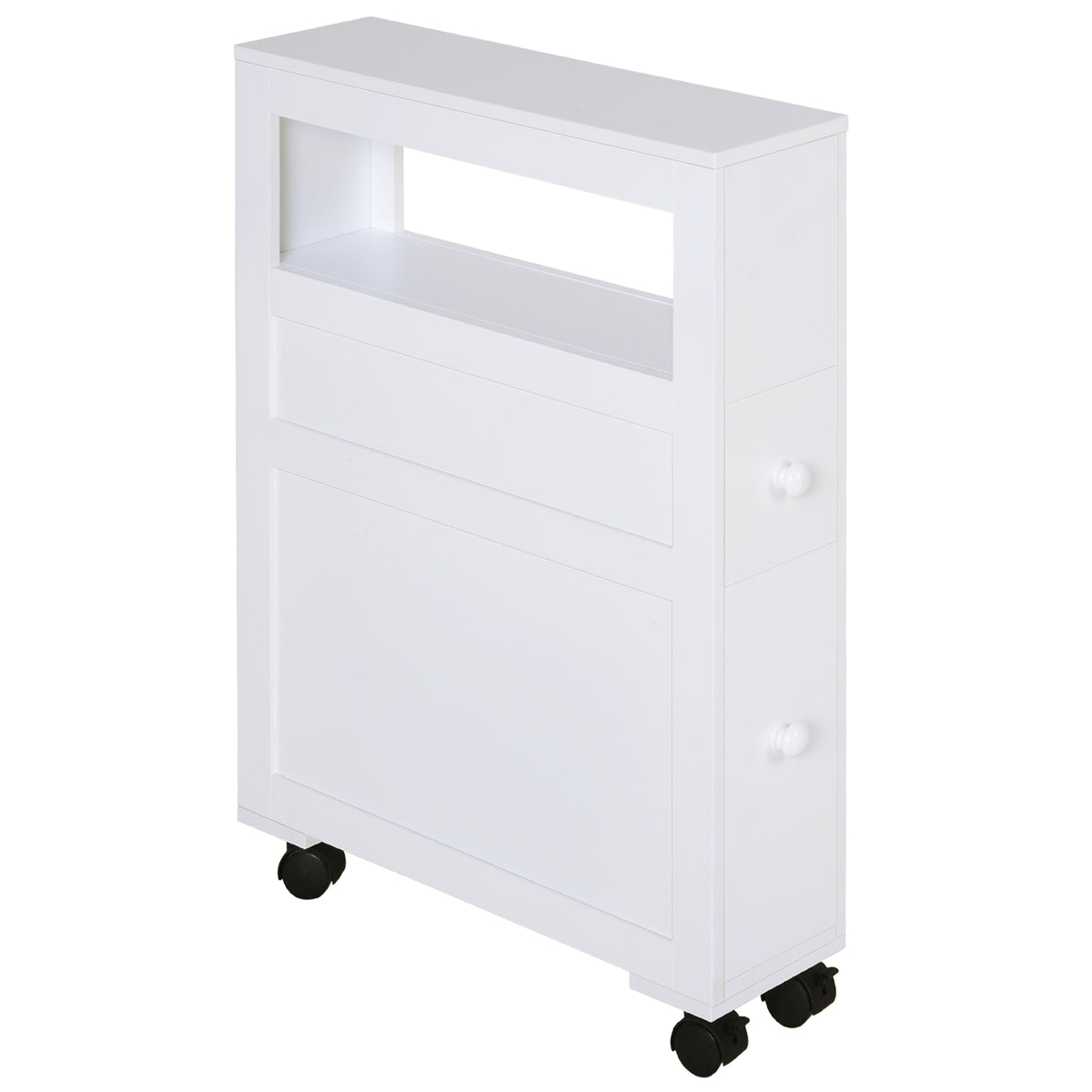 Narrow white rolling bathroom storage unit with two drawers, open top shelf and castor wheels