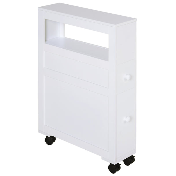 Narrow white rolling bathroom storage unit with two drawers, open top shelf and castor wheels