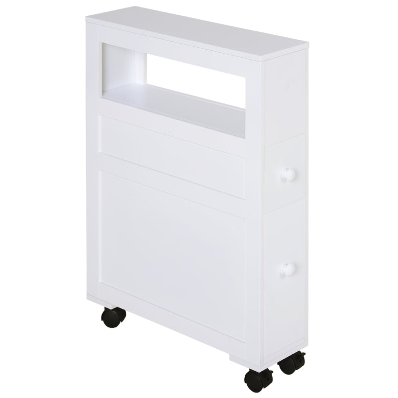 Narrow white rolling bathroom storage unit with two drawers, open top shelf and castor wheels