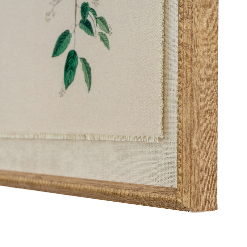Close-up of the frayed linen panel and beaded frame corner