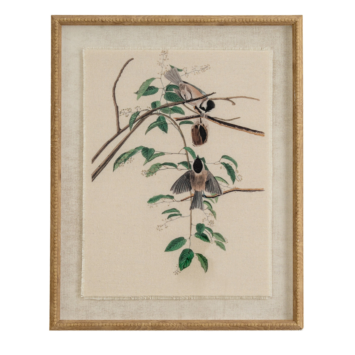 Chickadees print on linen in a beaded wood frame, front view