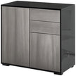 Compact light grey push-open sideboard with high gloss black frame and two drawers
