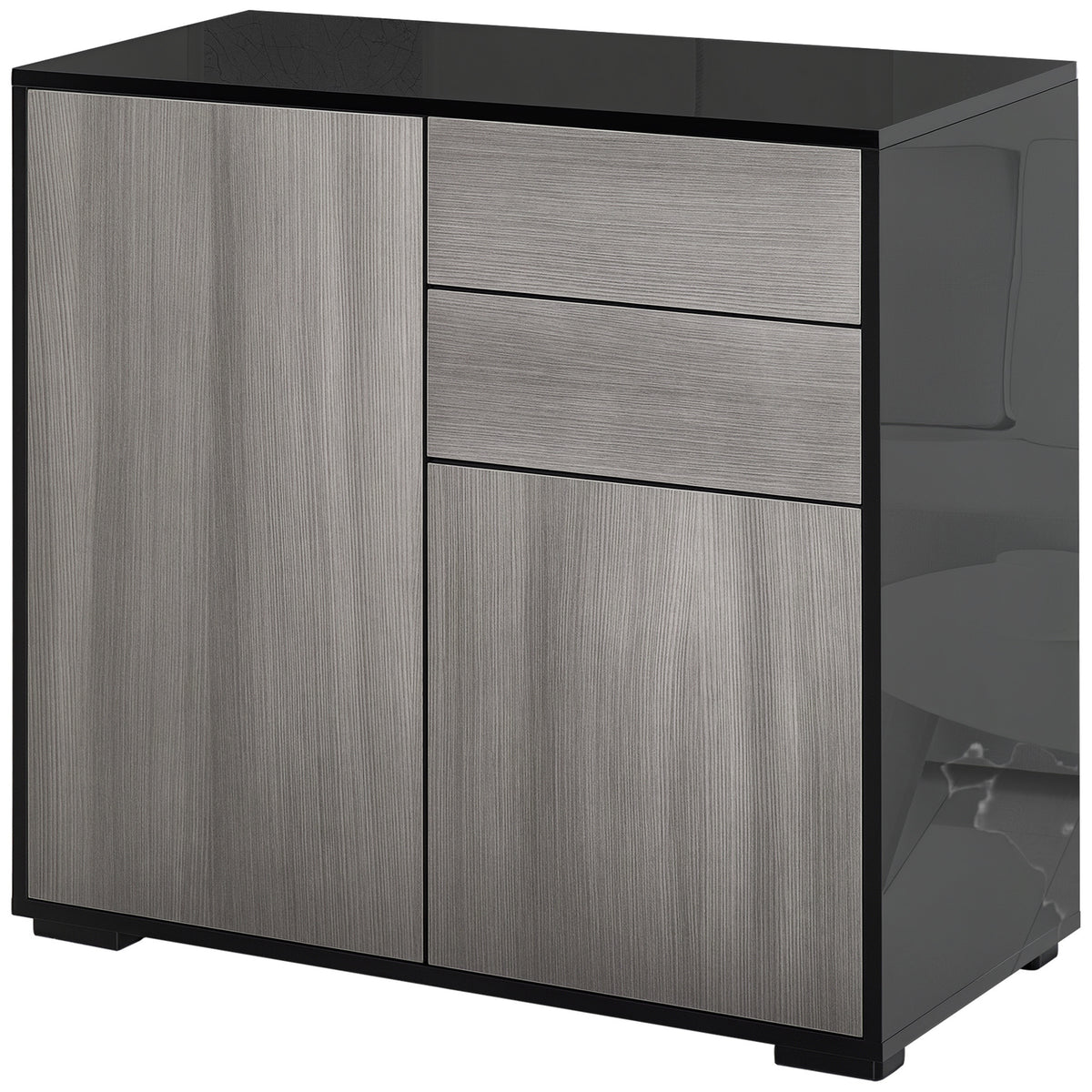 Compact light grey push-open sideboard with high gloss black frame and two drawers