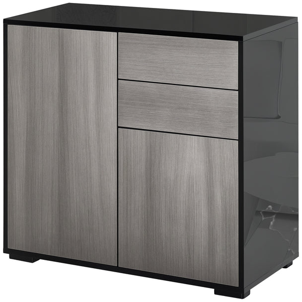 Compact light grey push-open sideboard with high gloss black frame and two drawers