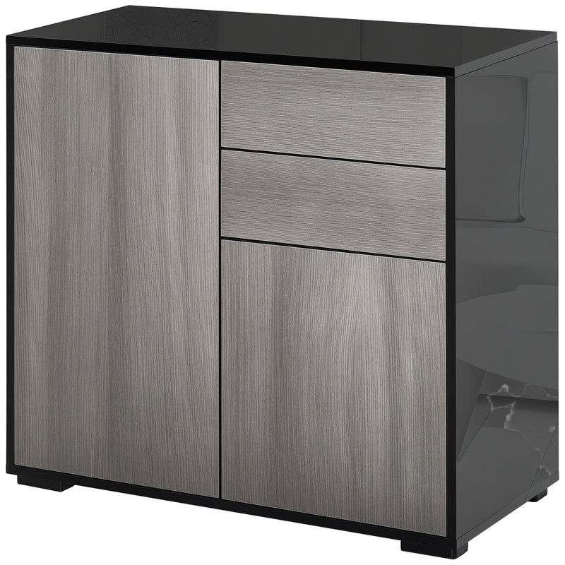 Compact light grey push-open sideboard with high gloss black frame and two drawers