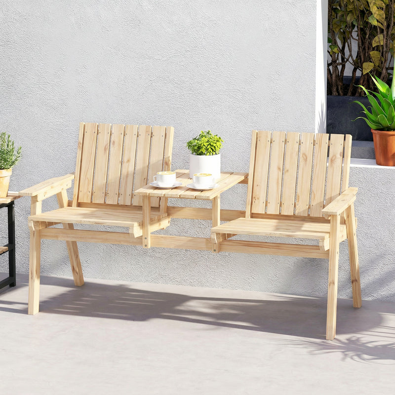 Outsunny 2-Seater Garden Loveseat with Table and Parasol Hole for Porch, Patio, Natural Wood Finish – view 8