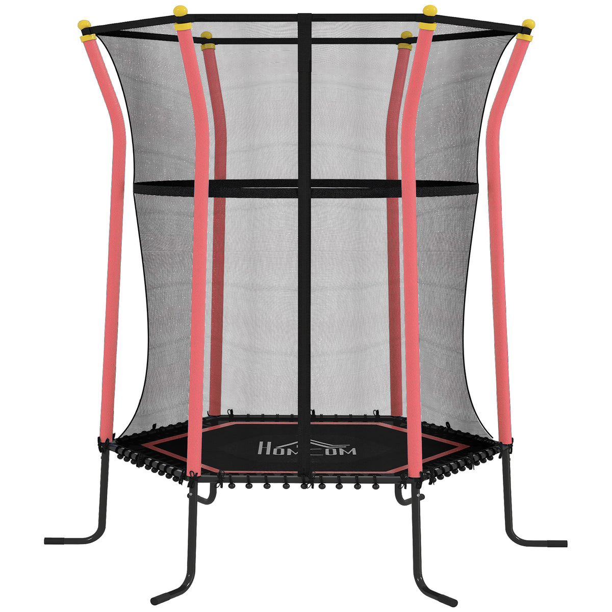 Red mini kids trampoline with enclosure net, padded poles and zipped door
