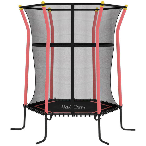 Red mini kids trampoline with enclosure net, padded poles and zipped door