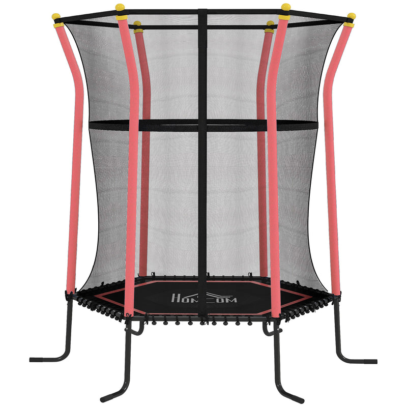 Red mini kids trampoline with enclosure net, padded poles and zipped door