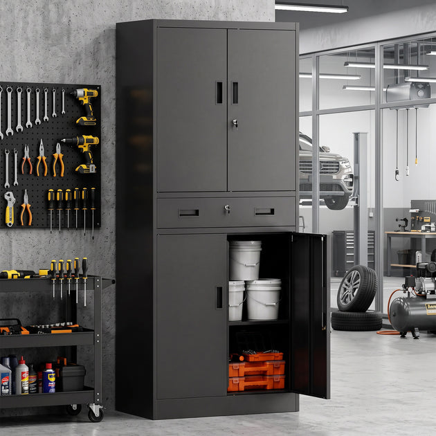 180cm Lockable Steel Tool Cabinet with Drawer & Adjustable Shelves – Black – image 2 of 9