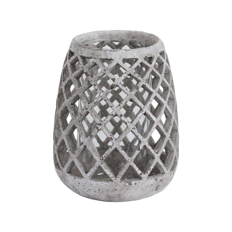 Conical stone finish ceramic lattice lantern on white