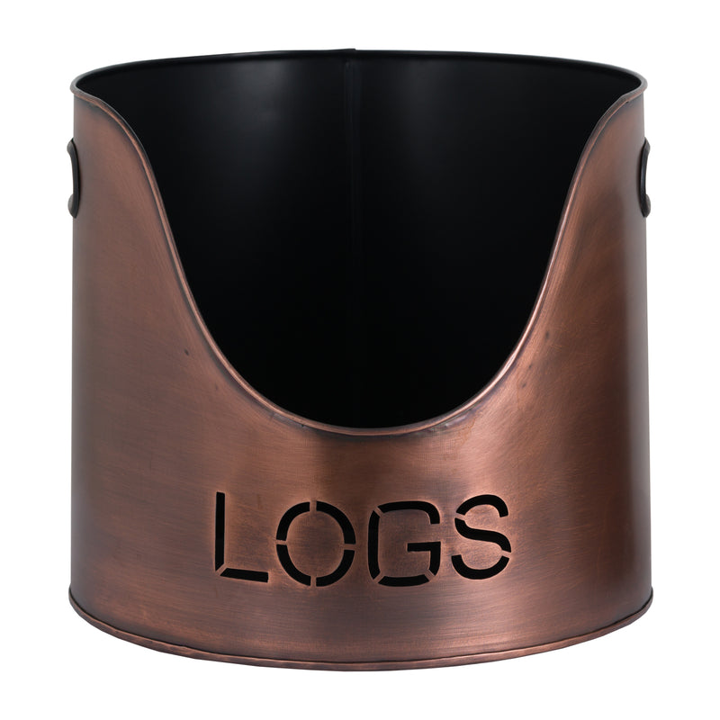Copper Log & Kindling Bucket Set with Matchstick Holder, large copper log bucket with LOGS lettering