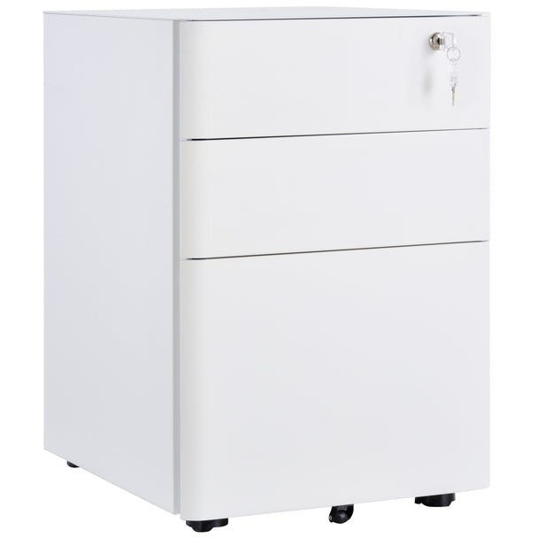 White lockable steel 3-drawer filing cabinet on castor wheels with hanging file drawer