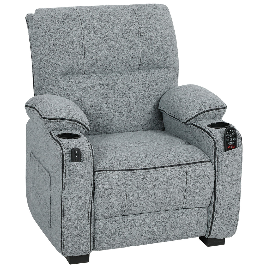 Electric Massage Recliner Armchair with Vibration, Heat, Whisper-Quiet Motor, Memory Function, Velvet Power Reclining Chair with Spring Pack, USB Port, Footrest, Side Pockets, Cup Holders, Grey